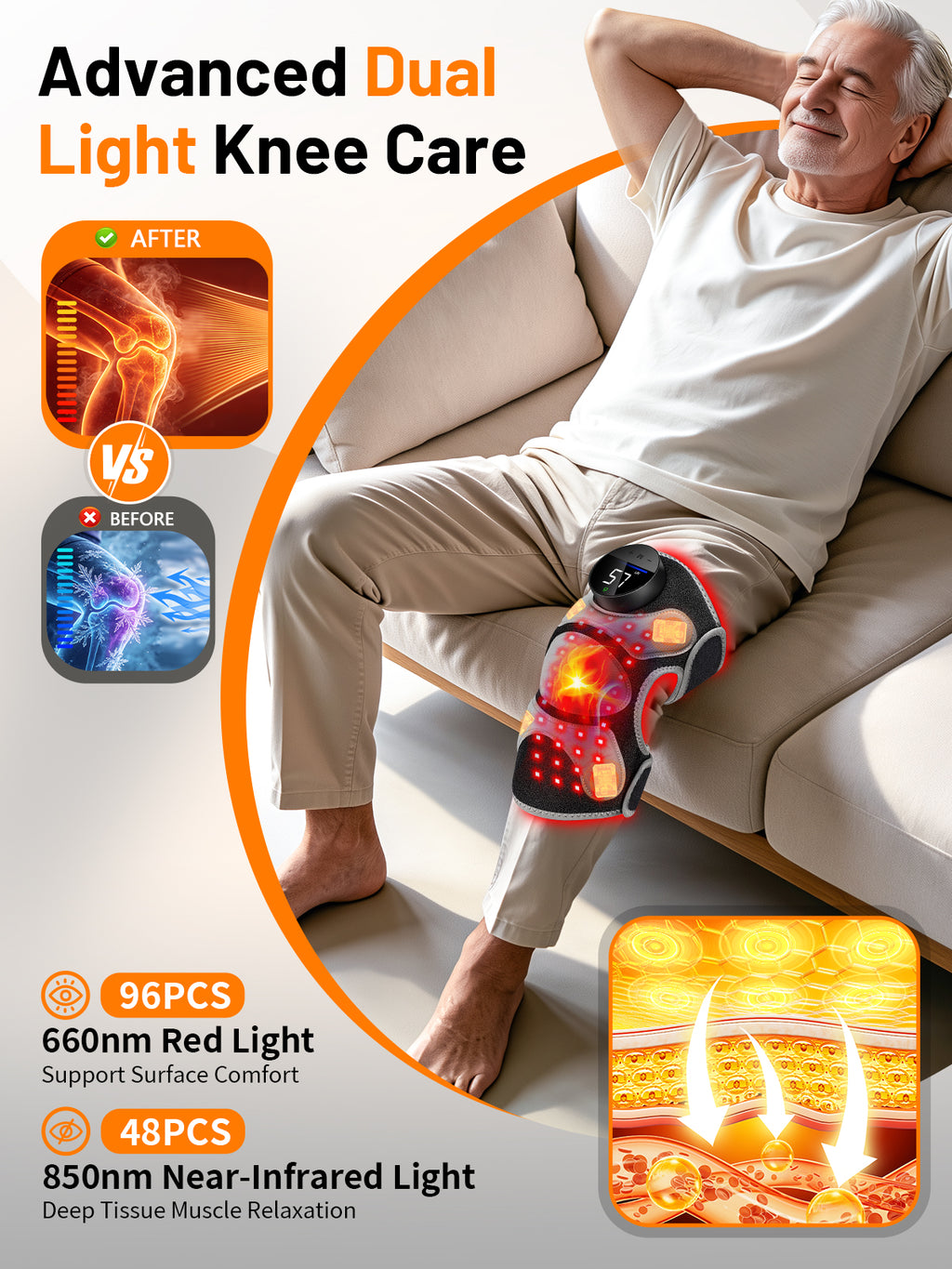 Cordless Red Light Therapy Knee Massager with Heat & 4 Vibration Motors 660nm Red & 850nm NIR Light, Triple-Chip LEDs, 6 Light Levels, 3 Vibration & Pulse Mode for Knee, Elbow & Shoulder, Black