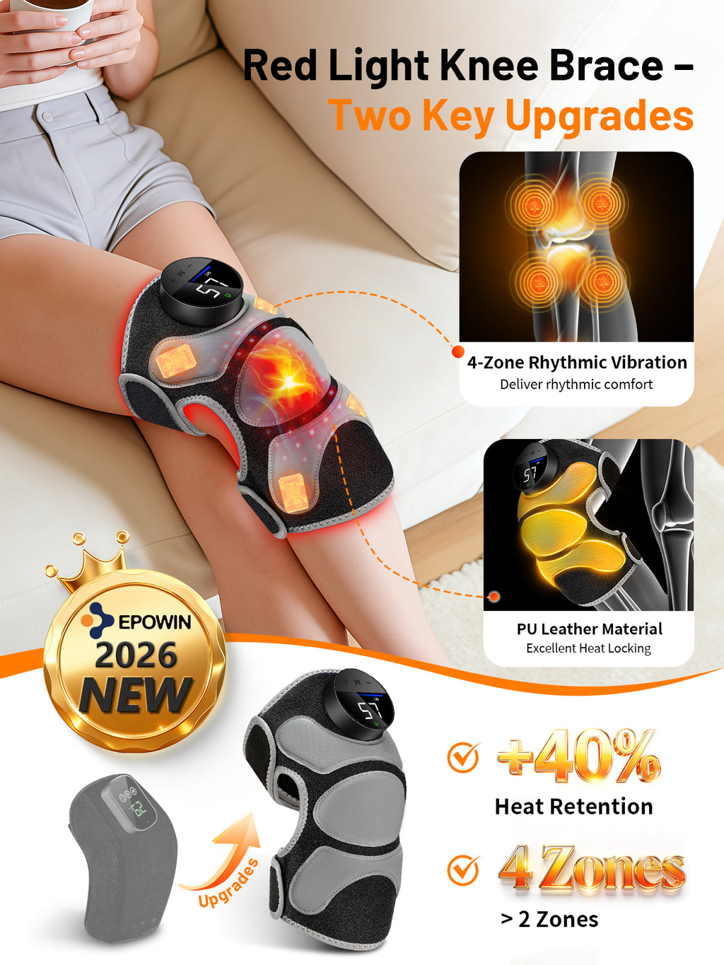 Cordless Red Light Therapy Knee Massager with Heat & 4 Vibration Motors 660nm Red & 850nm NIR Light, Triple-Chip LEDs, 6 Light Levels, 3 Vibration & Pulse Mode for Knee, Elbow & Shoulder, Black