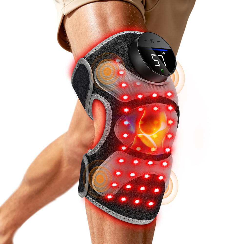Cordless Red Light Therapy Knee Massager with Heat & 4 Vibration Motors 660nm Red & 850nm NIR Light, Triple-Chip LEDs, 6 Light Levels, 3 Vibration & Pulse Mode for Knee, Elbow & Shoulder, Black