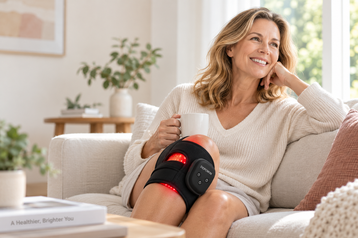 Depowin customer using a red light therapy device at home